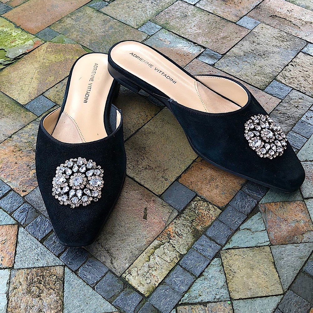 Beautiful Adrienne Vittadini Flats - size 6. Black Fine Suede with Embellishment